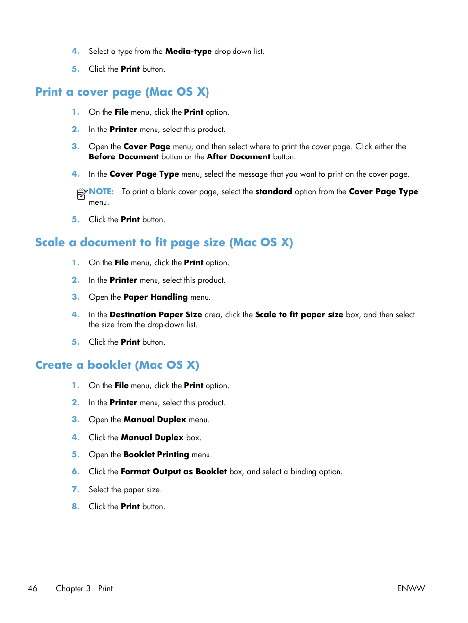 Create a booklet (mac os x), Print a cover page (mac os x), Scale a document to fit page size (mac os x) | HP LaserJet Pro 400 Printer M401 series User Manual | Page 58 / 148