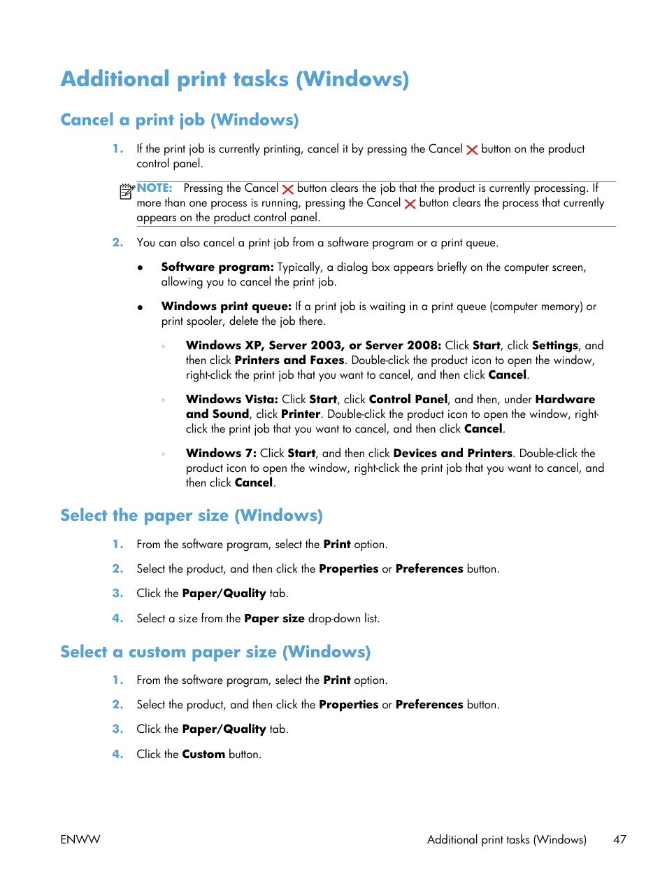 Additional print tasks (windows), Cancel a print job (windows), Select the paper size (windows) | Select a custom paper size (windows) | HP LaserJet Pro 400 Printer M401 series User Manual | Page 59 / 148