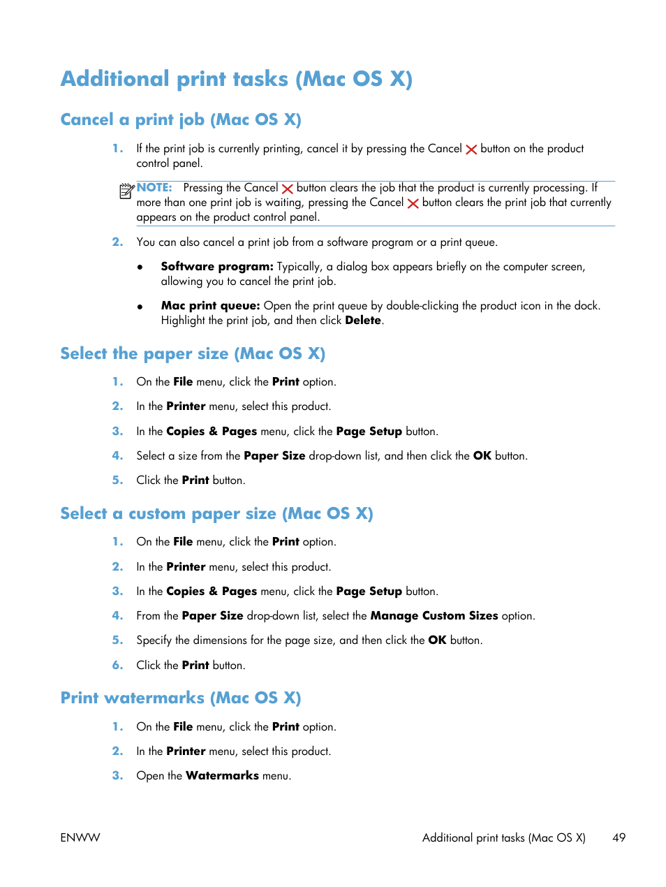 Additional print tasks (mac os x), Cancel a print job (mac os x), Select the paper size (mac os x) | Select a custom paper size (mac os x), Print watermarks (mac os x) | HP LaserJet Pro 400 Printer M401 series User Manual | Page 61 / 148