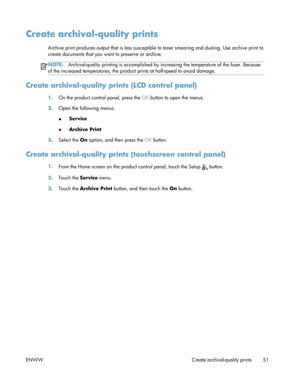 Create archival-quality prints, Create archival-quality prints (lcd control panel) | HP LaserJet Pro 400 Printer M401 series User Manual | Page 63 / 148