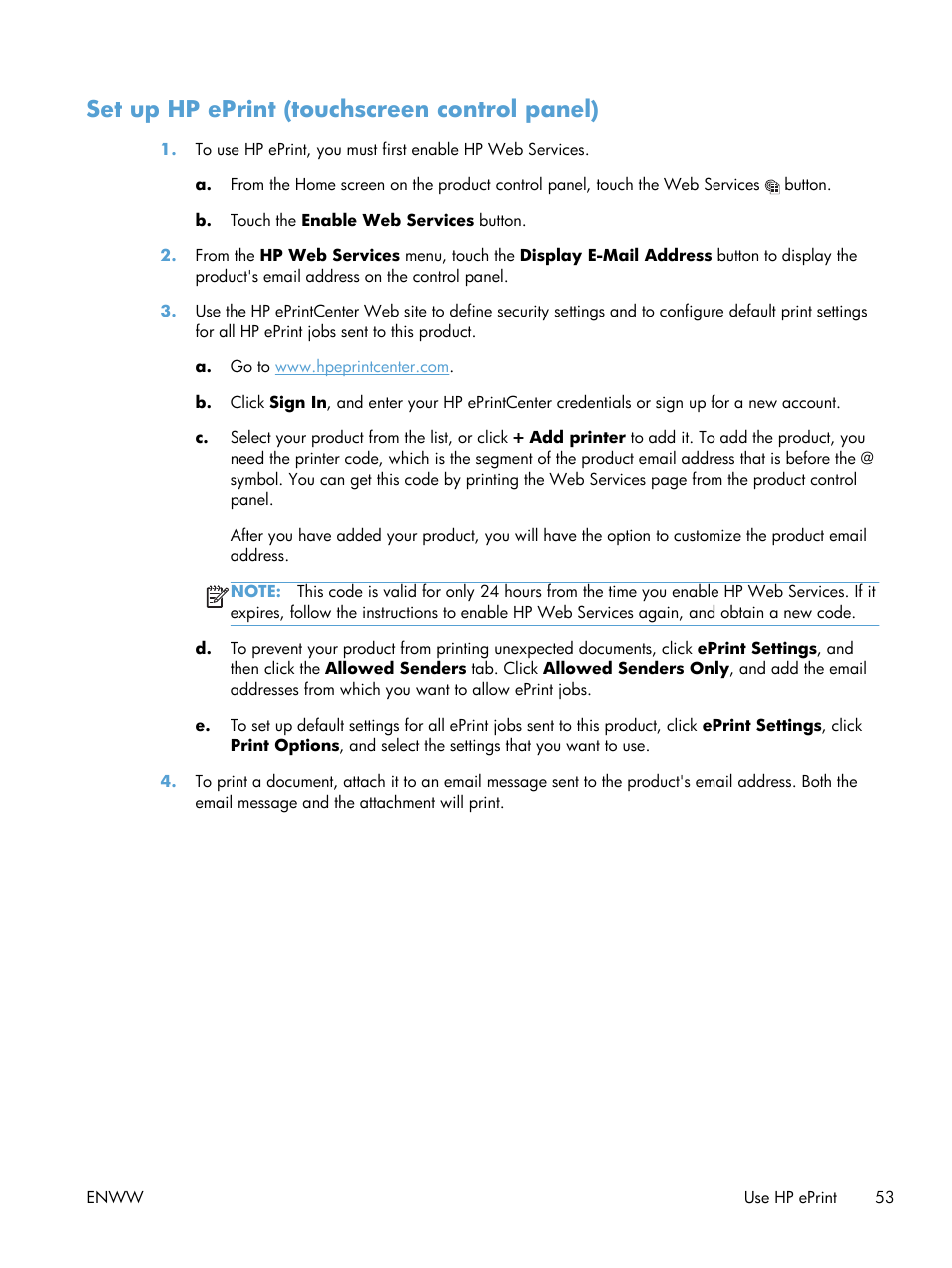 Set up hp eprint (touchscreen control panel) | HP LaserJet Pro 400 Printer M401 series User Manual | Page 65 / 148