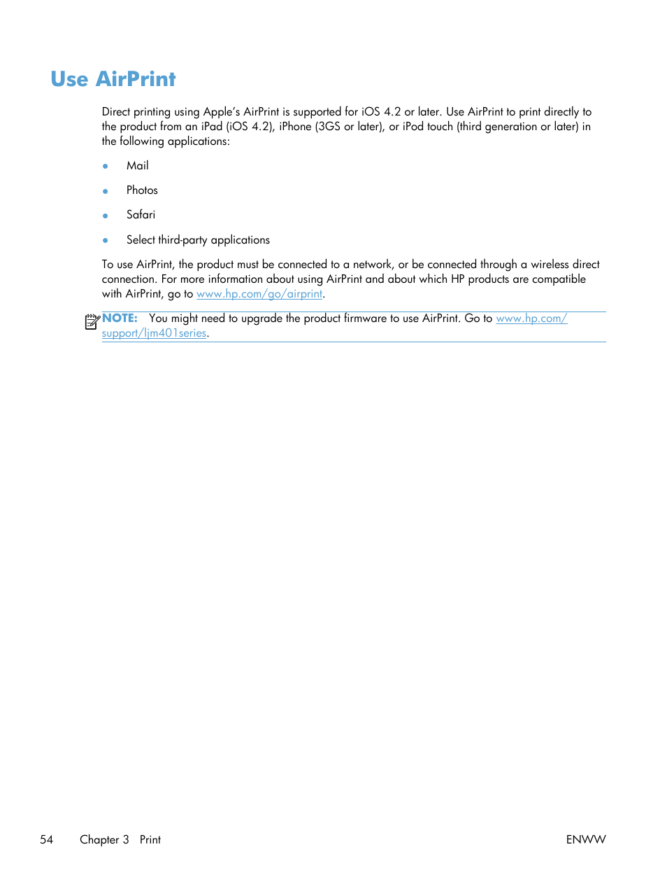Use airprint | HP LaserJet Pro 400 Printer M401 series User Manual | Page 66 / 148