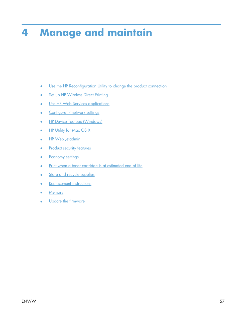 Manage and maintain, 4 manage and maintain | HP LaserJet Pro 400 Printer M401 series User Manual | Page 69 / 148