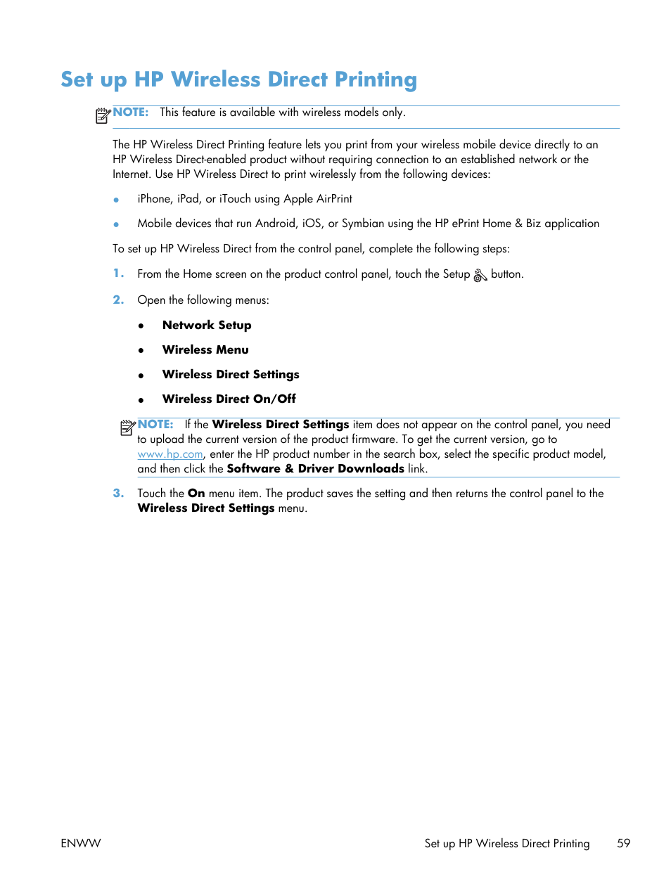 Set up hp wireless direct printing | HP LaserJet Pro 400 Printer M401 series User Manual | Page 71 / 148