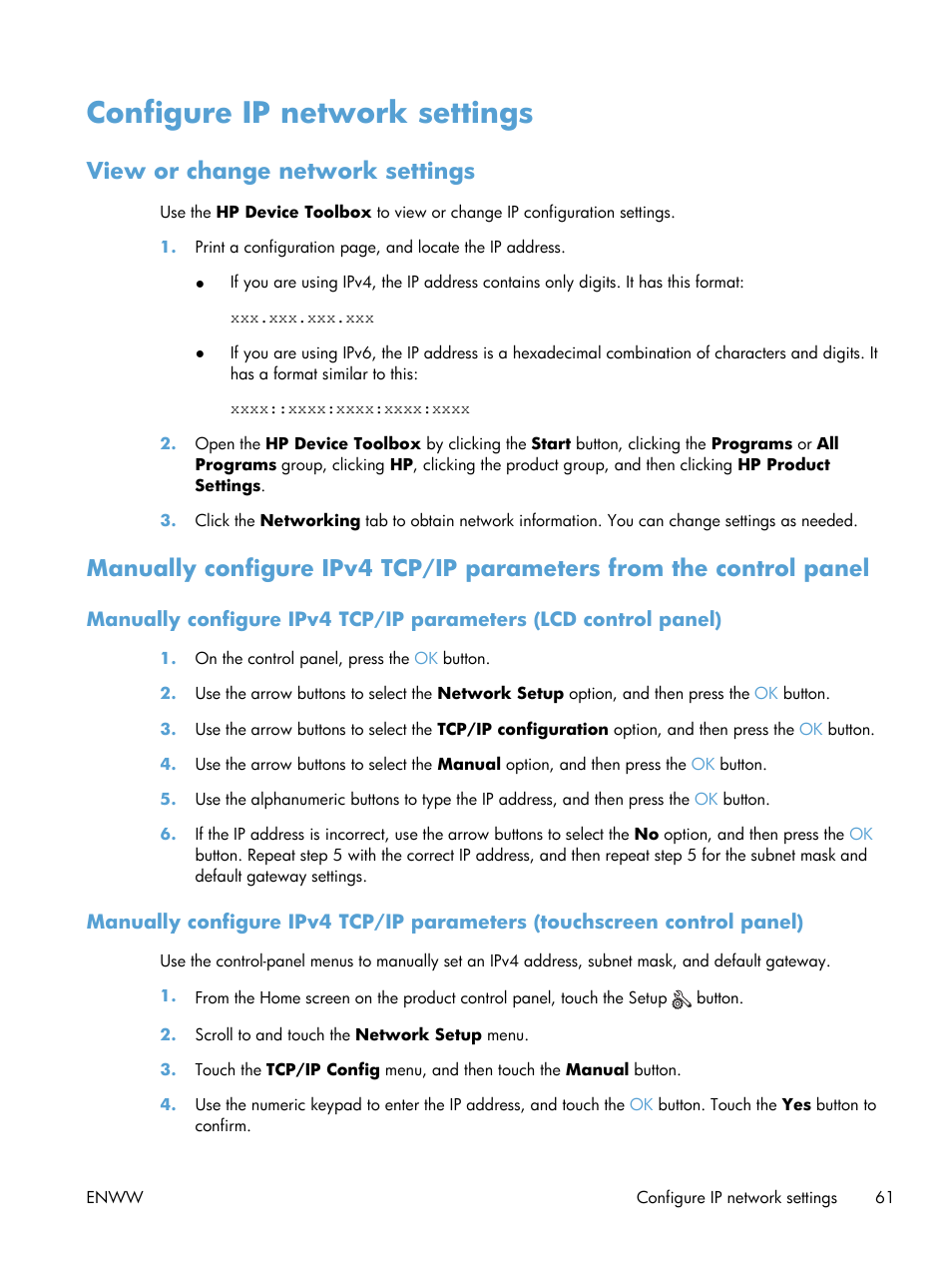 Configure ip network settings, View or change network settings | HP LaserJet Pro 400 Printer M401 series User Manual | Page 73 / 148
