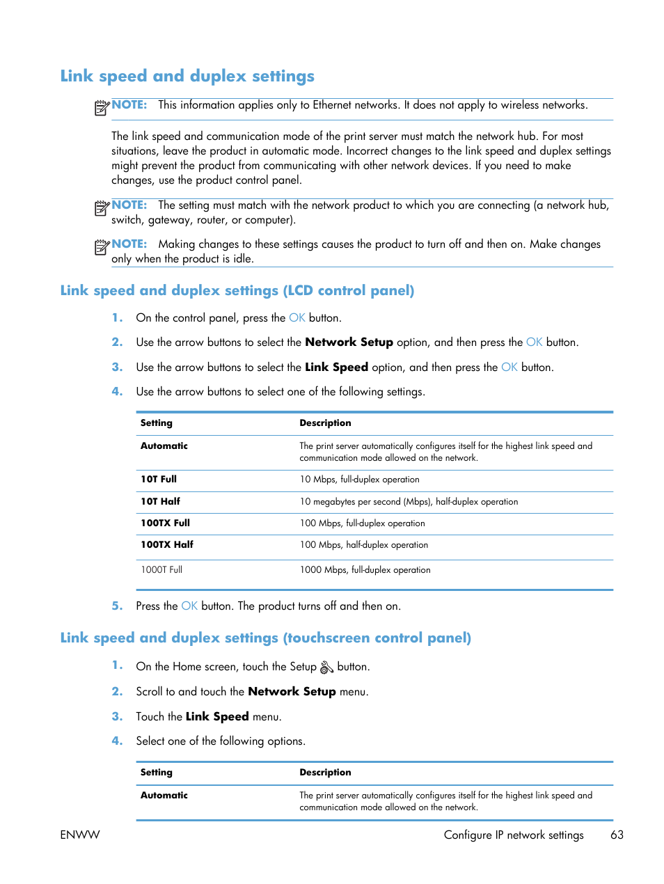 Link speed and duplex settings, Link speed and duplex settings (lcd control panel) | HP LaserJet Pro 400 Printer M401 series User Manual | Page 75 / 148