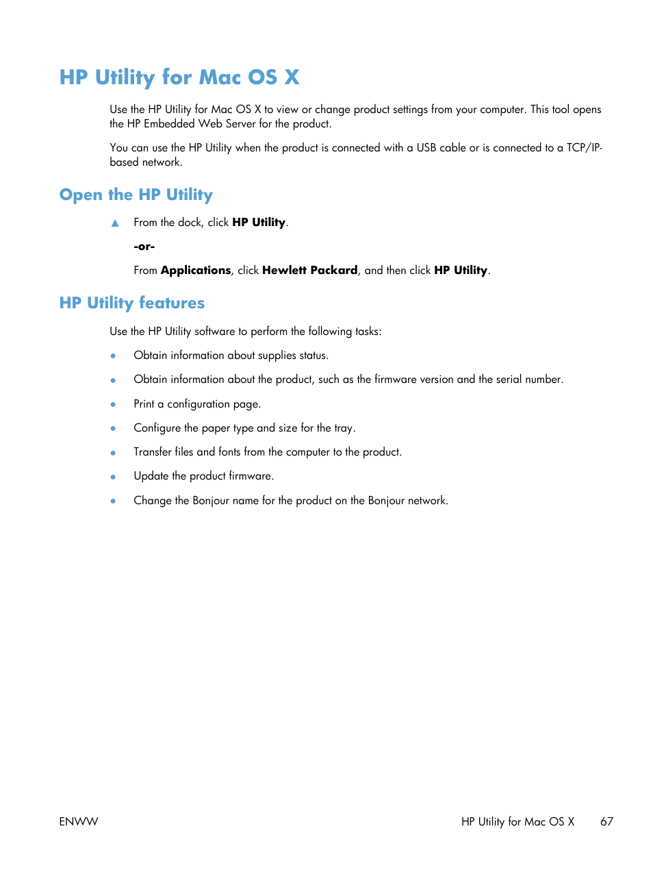 Hp utility for mac os x, Open the hp utility, Hp utility features | Open the hp utility hp utility features | HP LaserJet Pro 400 Printer M401 series User Manual | Page 79 / 148