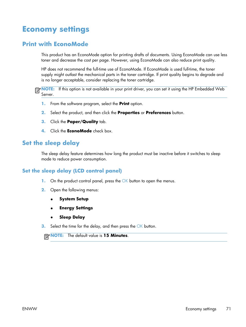 Economy settings, Print with economode, Set the sleep delay | Set the sleep delay (lcd control panel), Print with economode set the sleep delay | HP LaserJet Pro 400 Printer M401 series User Manual | Page 83 / 148