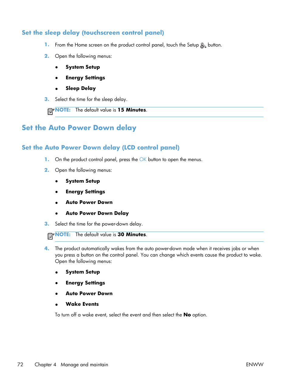 Set the sleep delay (touchscreen control panel), Set the auto power down delay, Set the auto power down delay (lcd control panel) | HP LaserJet Pro 400 Printer M401 series User Manual | Page 84 / 148