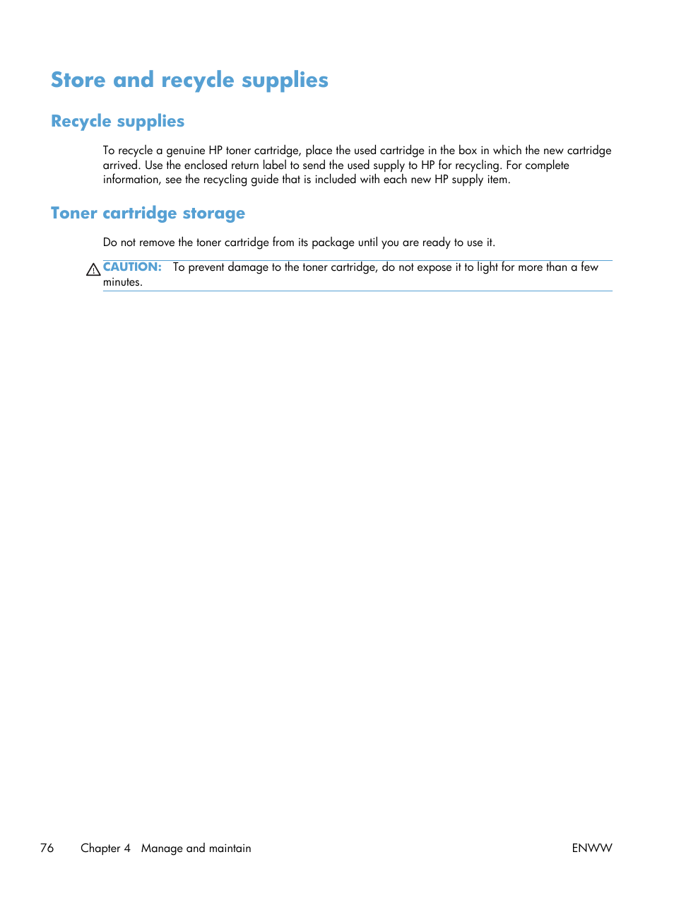 Store and recycle supplies, Recycle supplies, Toner cartridge storage | Recycle supplies toner cartridge storage | HP LaserJet Pro 400 Printer M401 series User Manual | Page 88 / 148