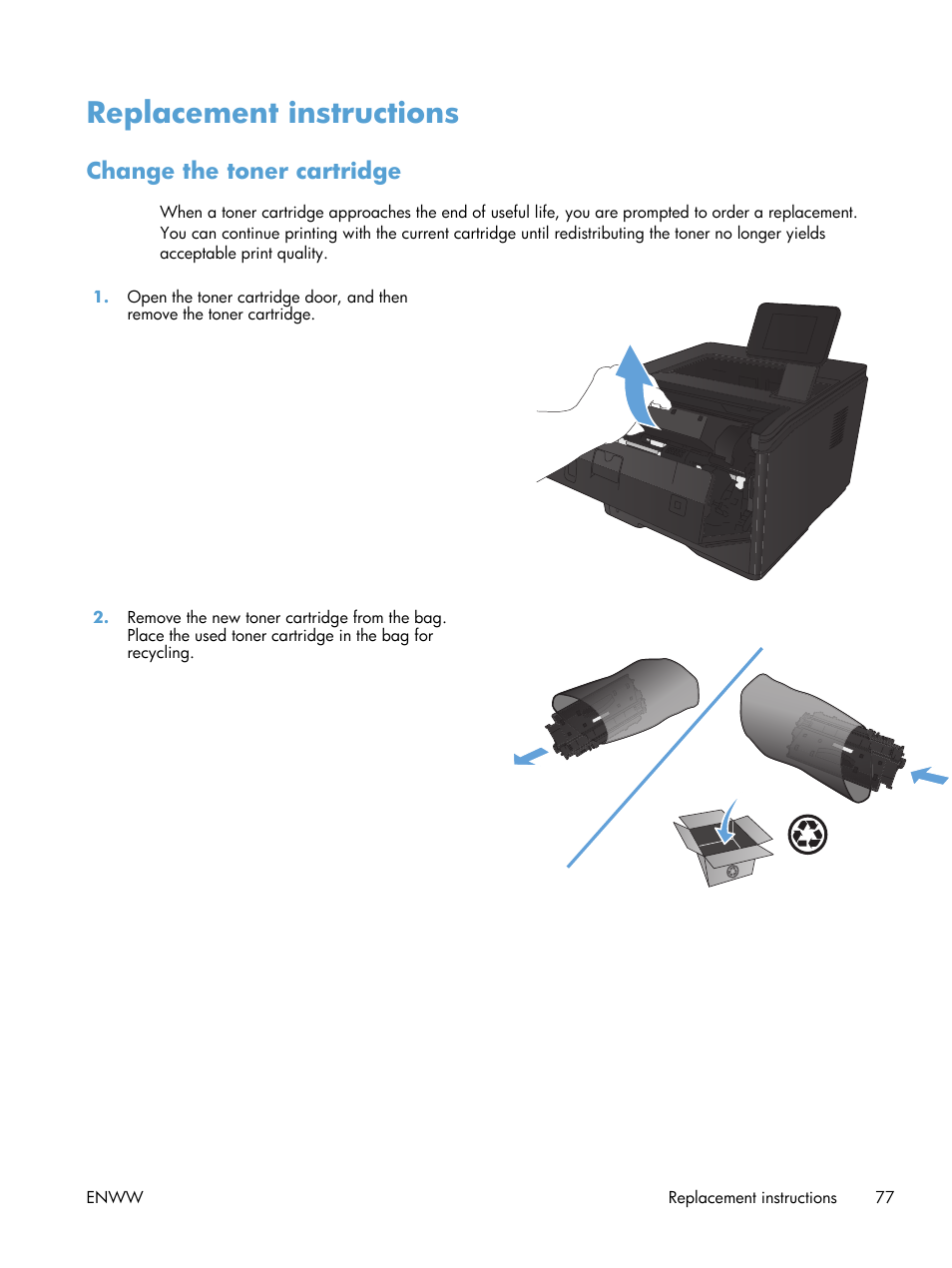 Replacement instructions, Change the toner cartridge | HP LaserJet Pro 400 Printer M401 series User Manual | Page 89 / 148