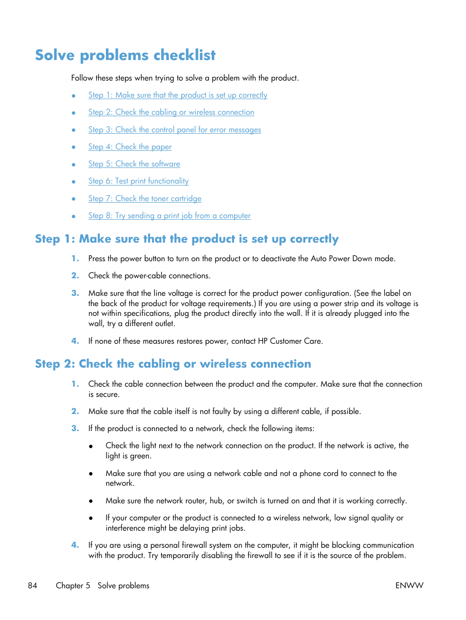 Solve problems checklist, Step 2: check the cabling or wireless connection | HP LaserJet Pro 400 Printer M401 series User Manual | Page 96 / 148