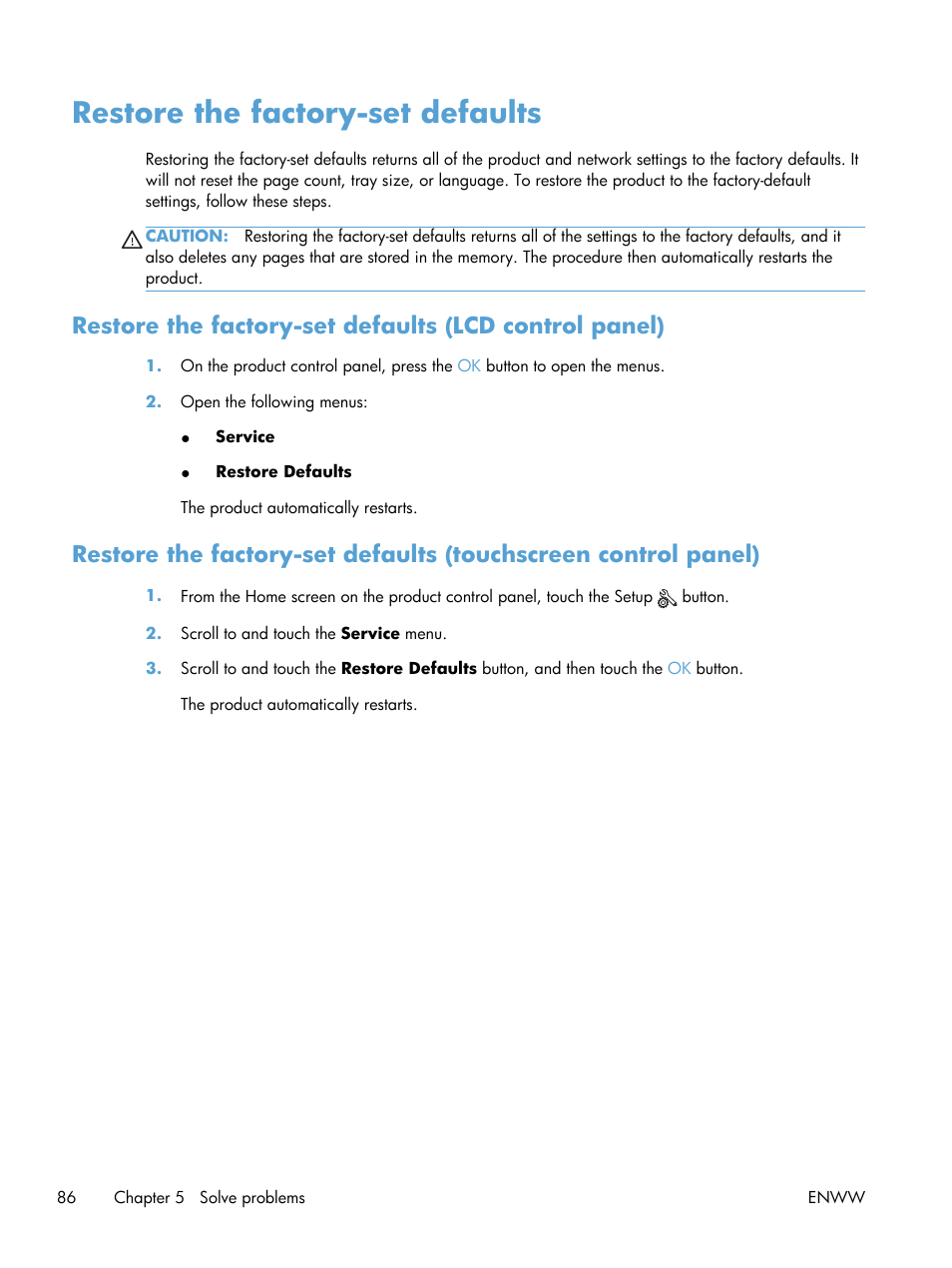 Restore the factory-set defaults | HP LaserJet Pro 400 Printer M401 series User Manual | Page 98 / 148