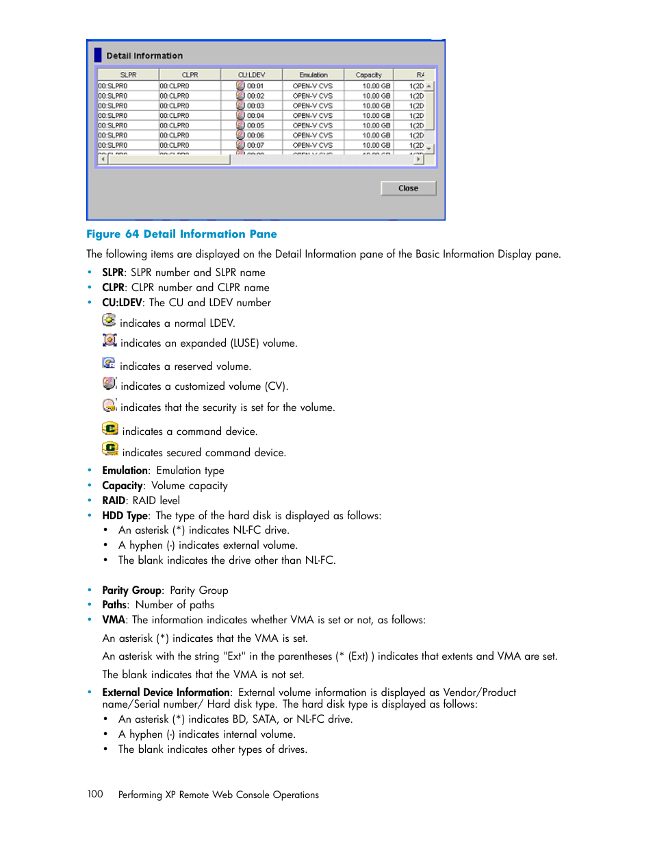 64 detail information pane, Figure 64 | HP StorageWorks XP10000 Disk Array User Manual | Page 100 / 178