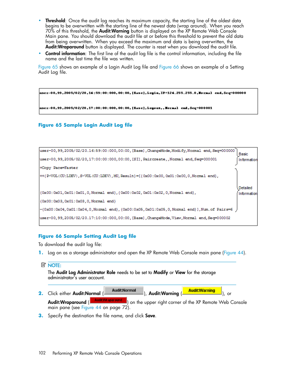 65 sample login audit log ﬁle, 66 sample setting audit log ﬁle | HP StorageWorks XP10000 Disk Array User Manual | Page 102 / 178