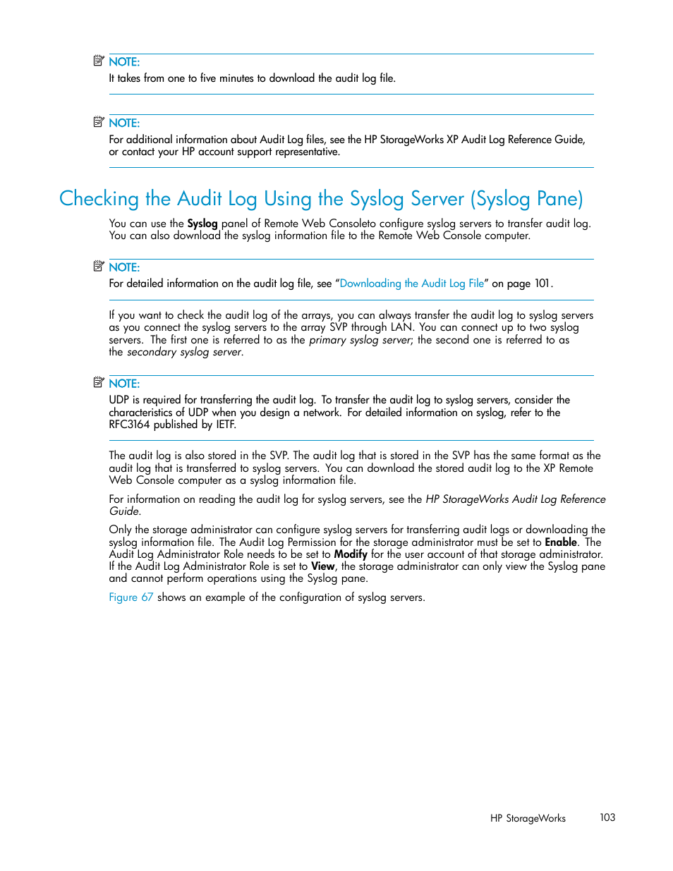 Checking the audit log using the syslog | HP StorageWorks XP10000 Disk Array User Manual | Page 103 / 178