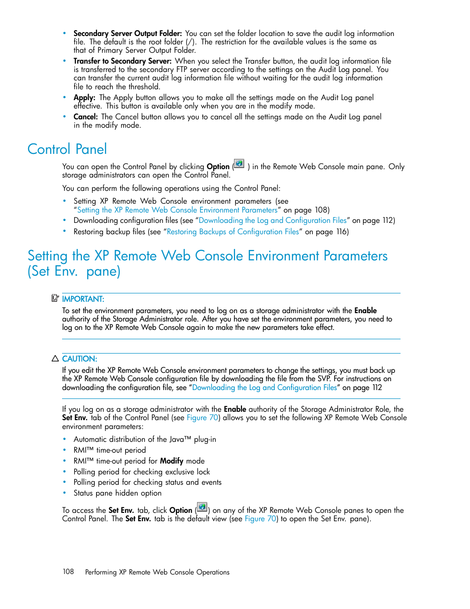 Control panel, Setting the xp remote web console enviro | HP StorageWorks XP10000 Disk Array User Manual | Page 108 / 178