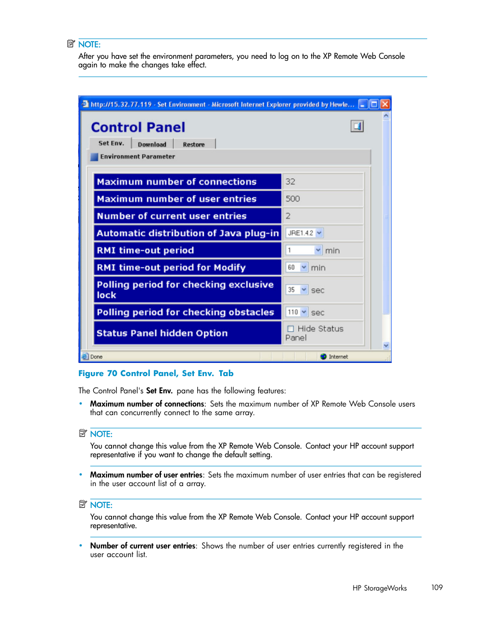 70 control panel, set env. tab, Figure 70 | HP StorageWorks XP10000 Disk Array User Manual | Page 109 / 178