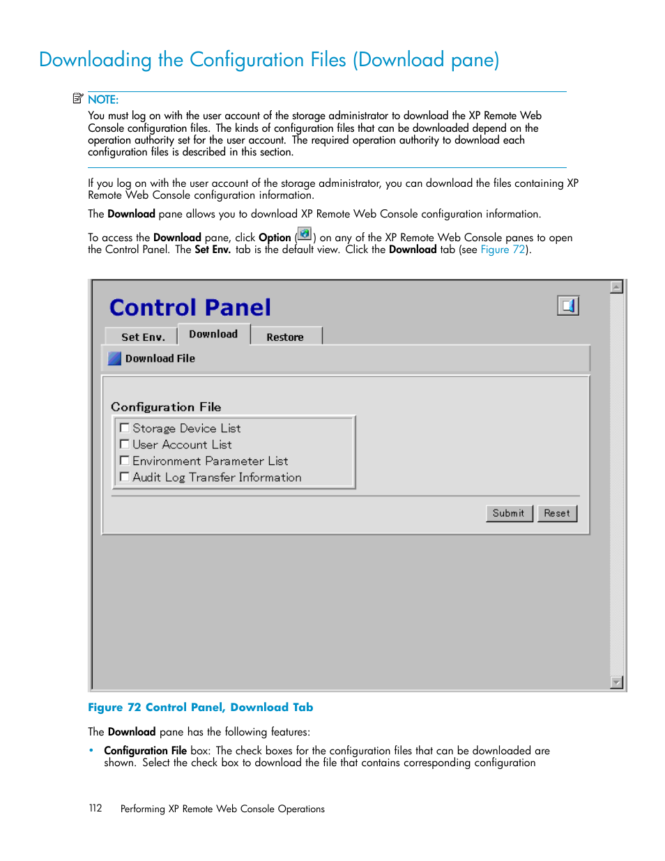 Downloading theconﬁguration files (downl, Downloading the conﬁguration files (download pane), 72 control panel, download tab | Downloading the log and conﬁguration files, Figure 72 | HP StorageWorks XP10000 Disk Array User Manual | Page 112 / 178