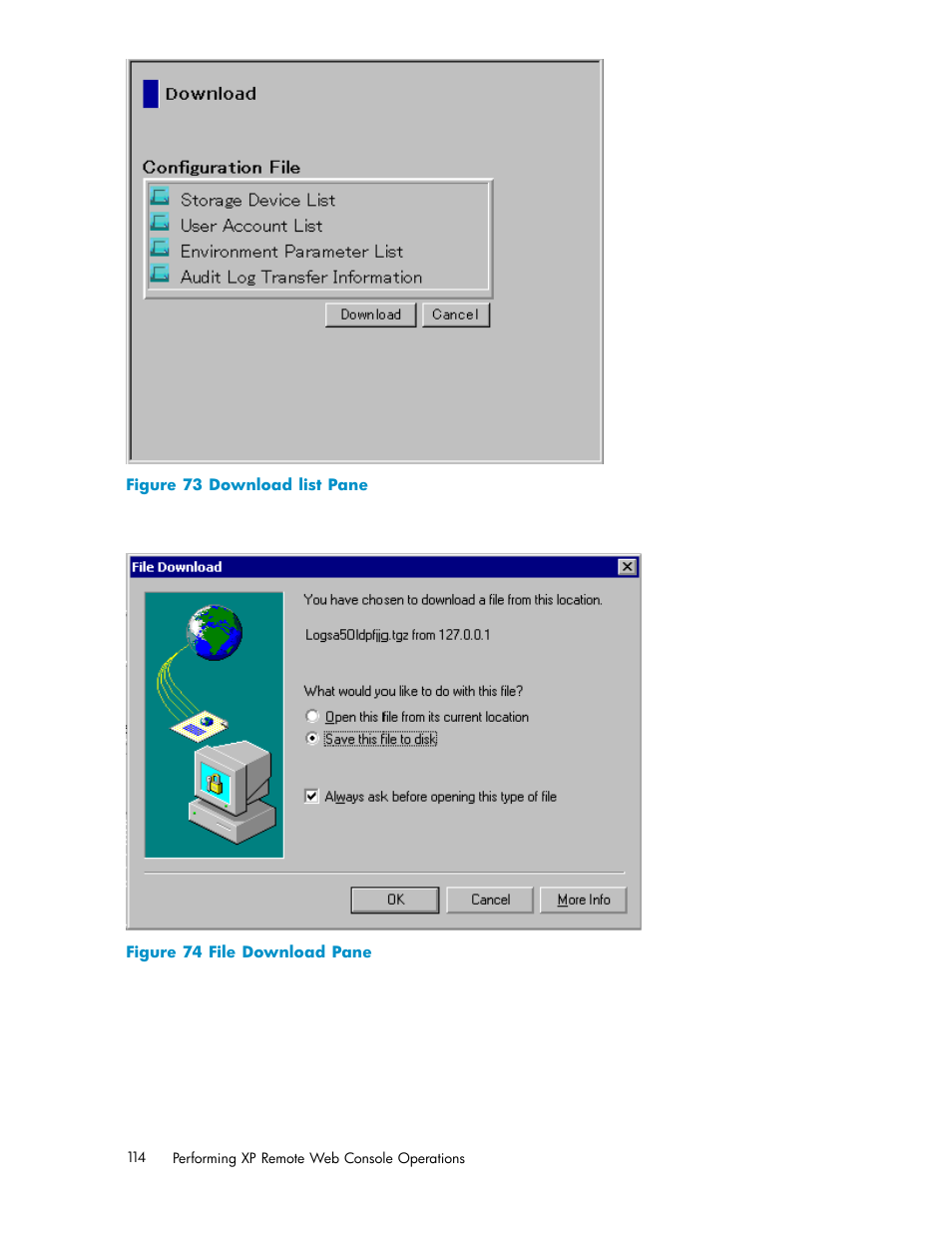 73 download list pane, 74 file download pane, Figure 73 | Figure 73figure 74 | HP StorageWorks XP10000 Disk Array User Manual | Page 114 / 178