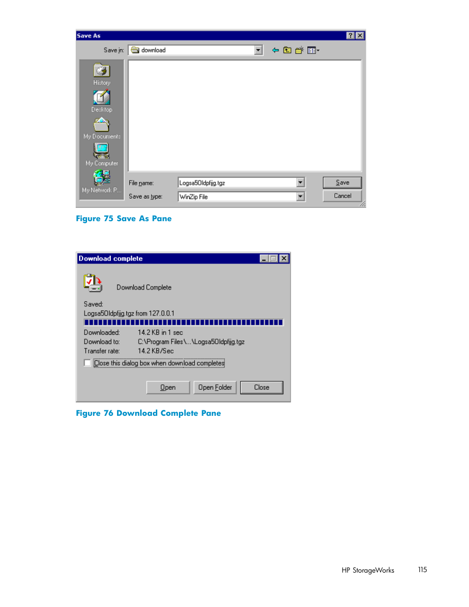 75 save as pane, 76 download complete pane, Figure 75 | Figure 76 | HP StorageWorks XP10000 Disk Array User Manual | Page 115 / 178