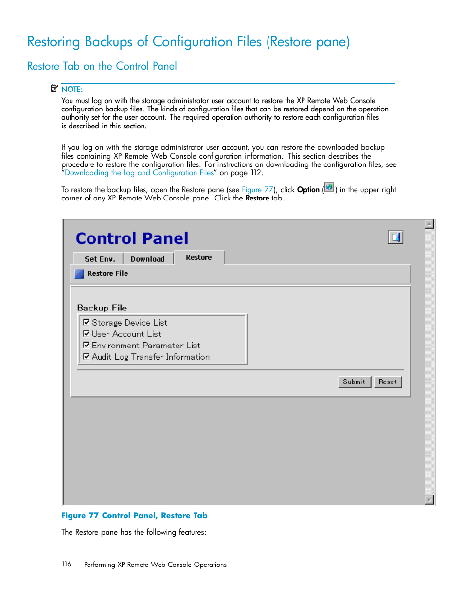 Restoring backups of conﬁguration files, Restore tab on the control panel, 77 control panel, restore tab | HP StorageWorks XP10000 Disk Array User Manual | Page 116 / 178