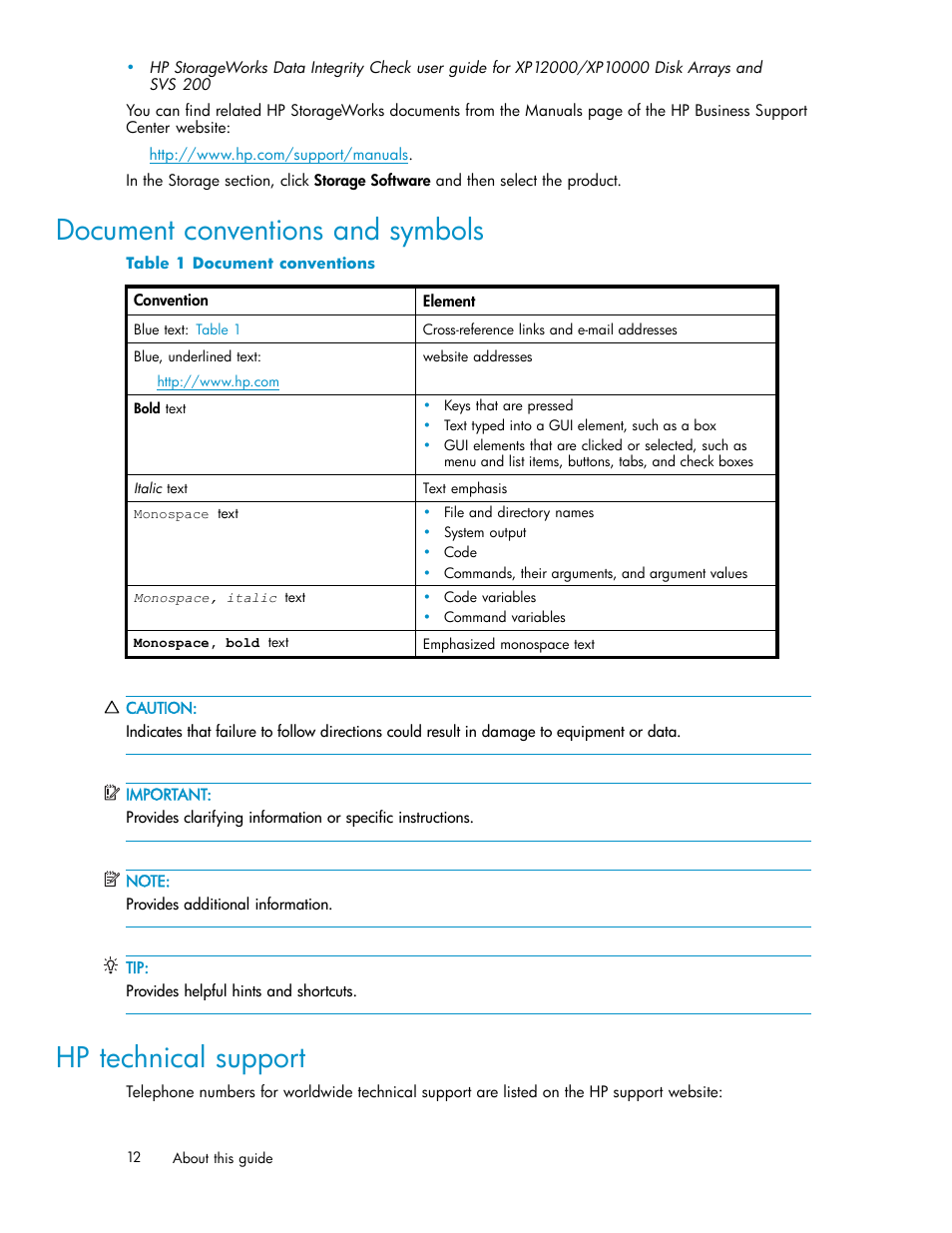 Document conventions and symbols, Hp technical support, Document conventions | HP StorageWorks XP10000 Disk Array User Manual | Page 12 / 178