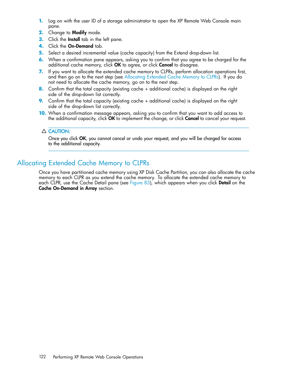 Allocating extended cache memory to clpr, Allocating extended cache memory to clprs | HP StorageWorks XP10000 Disk Array User Manual | Page 122 / 178