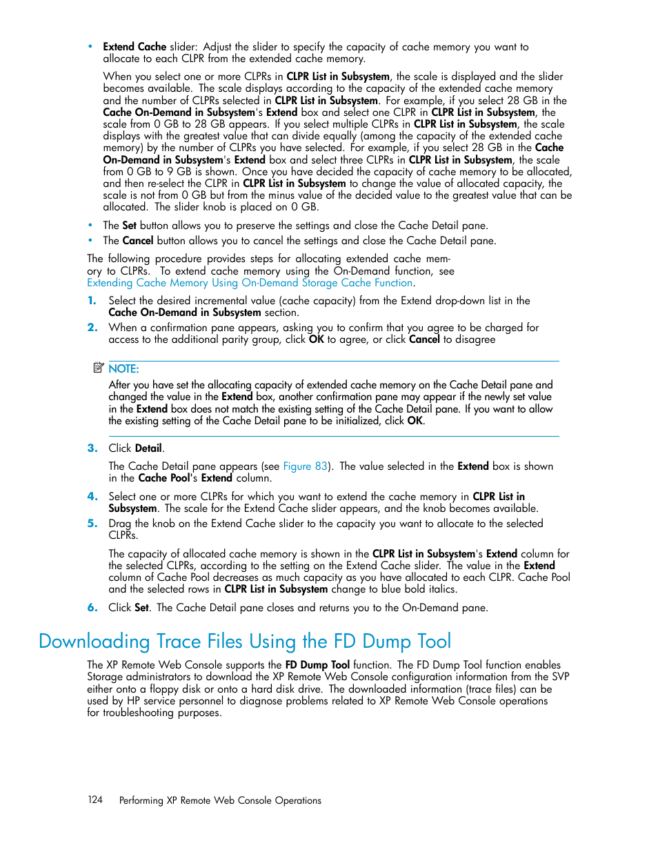 Downloading trace files using the fd dum, Downloading trace files using the fd dump tool | HP StorageWorks XP10000 Disk Array User Manual | Page 124 / 178