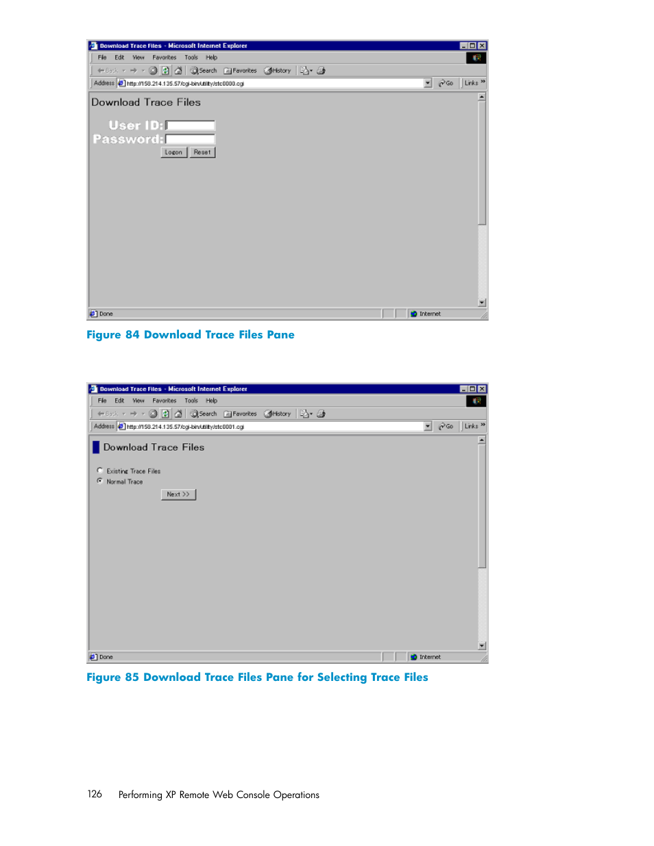 84 download trace files pane, Figure 84, Figure 85 | HP StorageWorks XP10000 Disk Array User Manual | Page 126 / 178