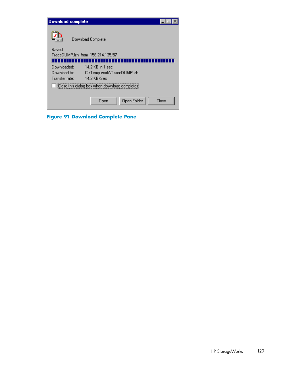 91 download complete pane, Figure 91 | HP StorageWorks XP10000 Disk Array User Manual | Page 129 / 178