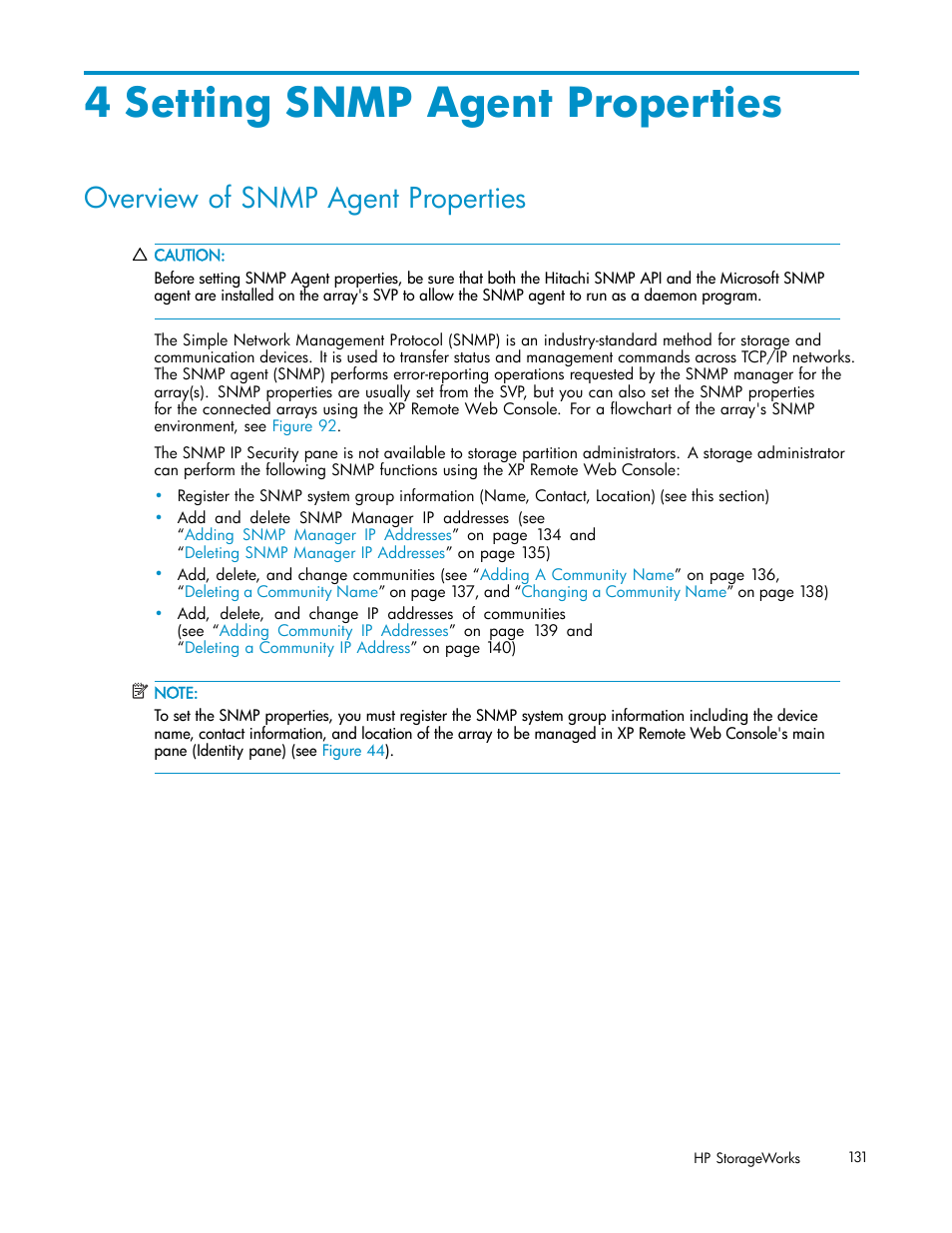 4 setting snmp agent properties, Overview of snmp agent properties, Setting snmp agent properties | HP StorageWorks XP10000 Disk Array User Manual | Page 131 / 178