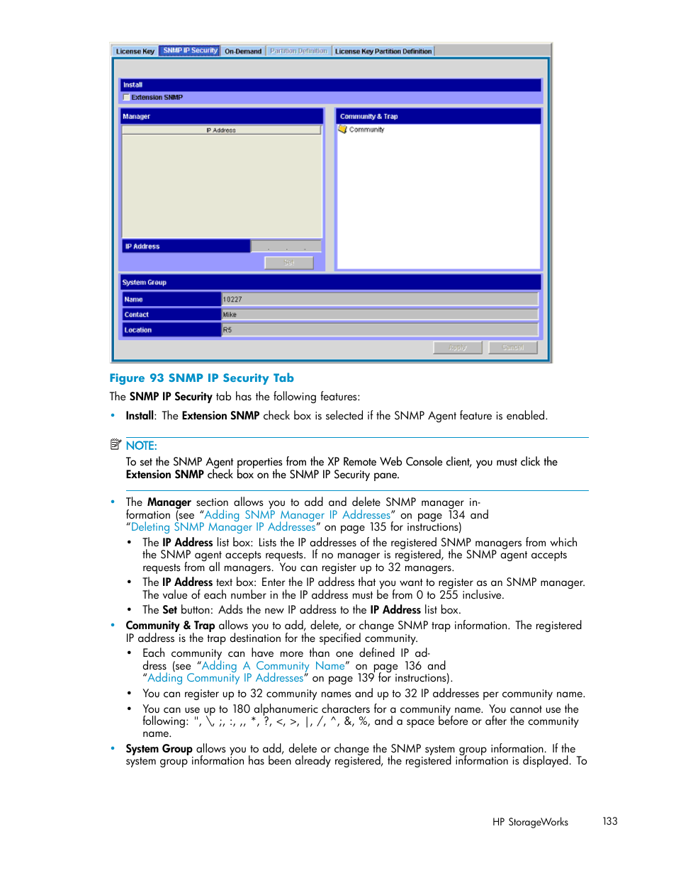 93 snmp ip security tab | HP StorageWorks XP10000 Disk Array User Manual | Page 133 / 178