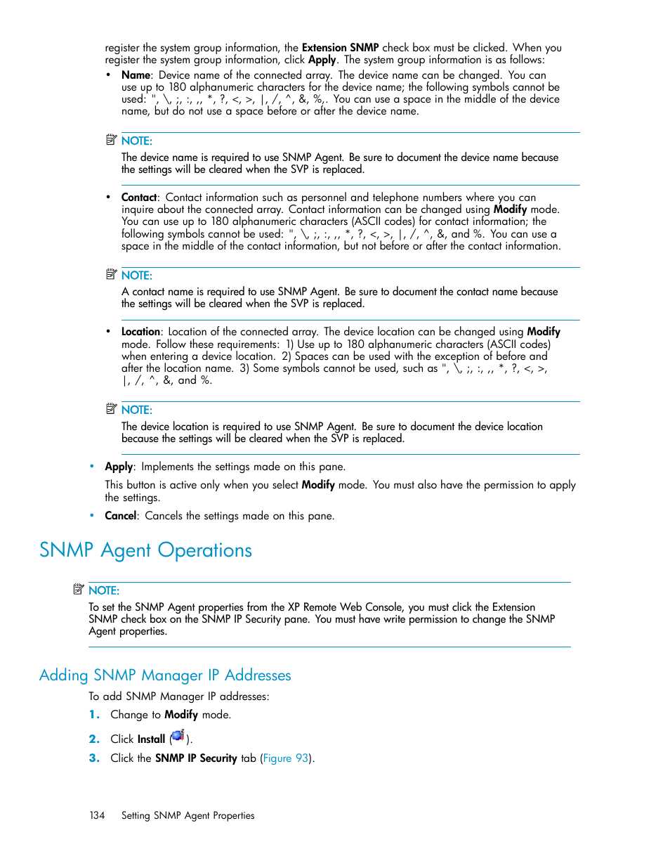 Snmp agent operations, Adding snmp manager ip addresses | HP StorageWorks XP10000 Disk Array User Manual | Page 134 / 178