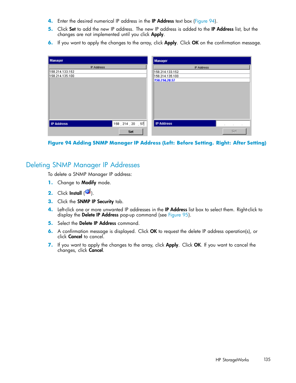 Deleting snmp manager ip addresses | HP StorageWorks XP10000 Disk Array User Manual | Page 135 / 178