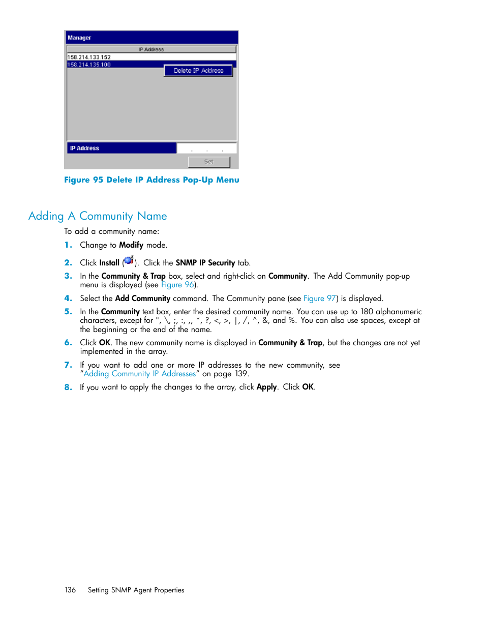 Adding a community name, 95 delete ip address pop-up menu, Figure 95 | HP StorageWorks XP10000 Disk Array User Manual | Page 136 / 178