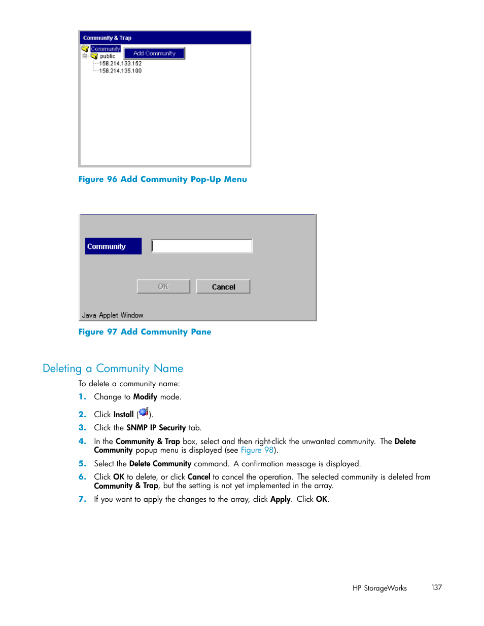 Deleting a community name, 96 add community pop-up menu, 97 add community pane | Figure 96, Figure 97 | HP StorageWorks XP10000 Disk Array User Manual | Page 137 / 178