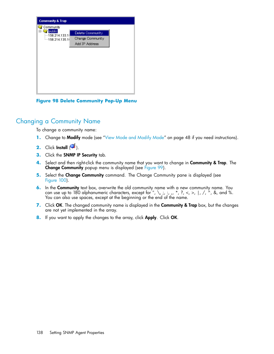 Changing a community name, 98 delete community pop-up menu | HP StorageWorks XP10000 Disk Array User Manual | Page 138 / 178