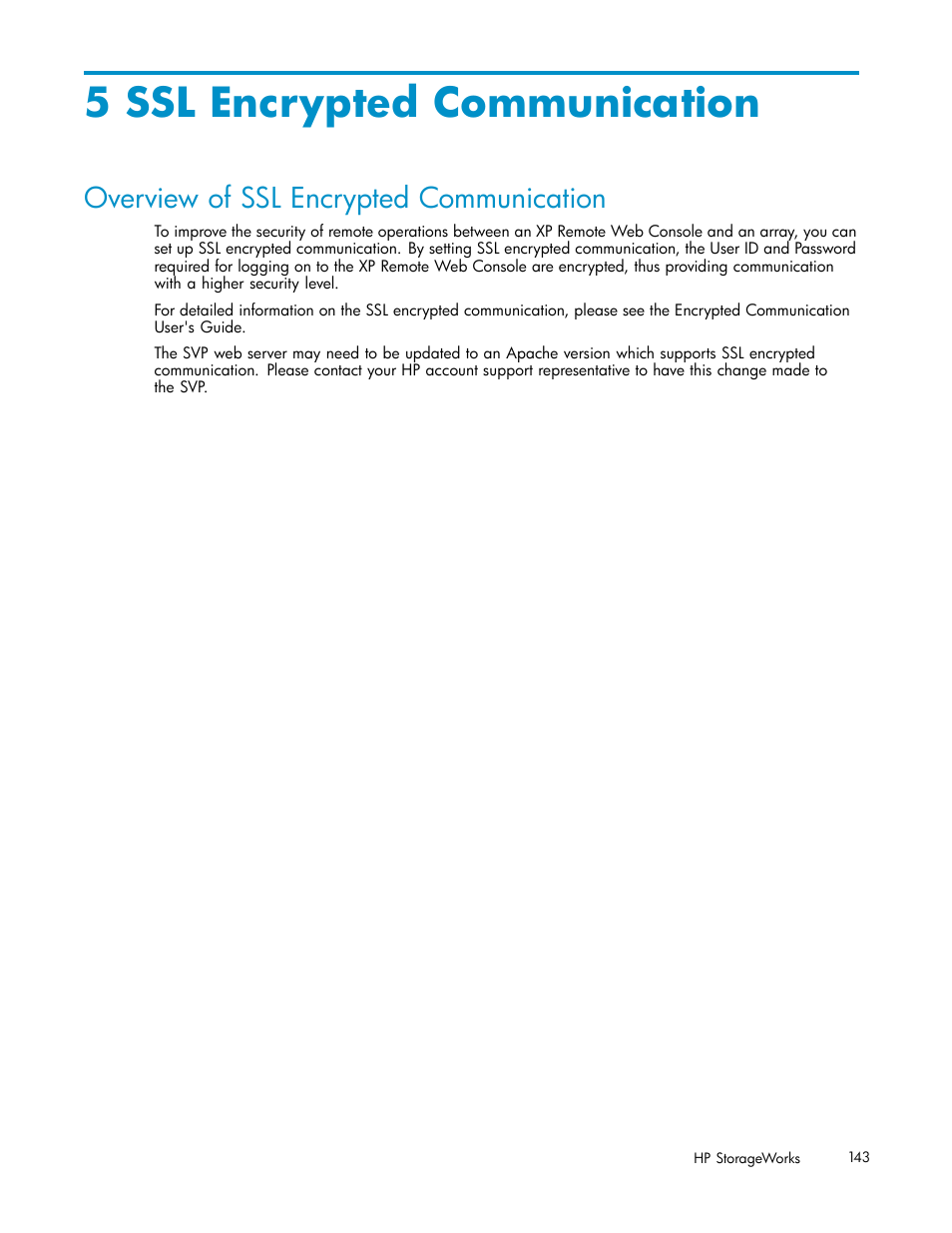 5 ssl encrypted communication, Overview of ssl encrypted communication, Chapter 5 | HP StorageWorks XP10000 Disk Array User Manual | Page 143 / 178