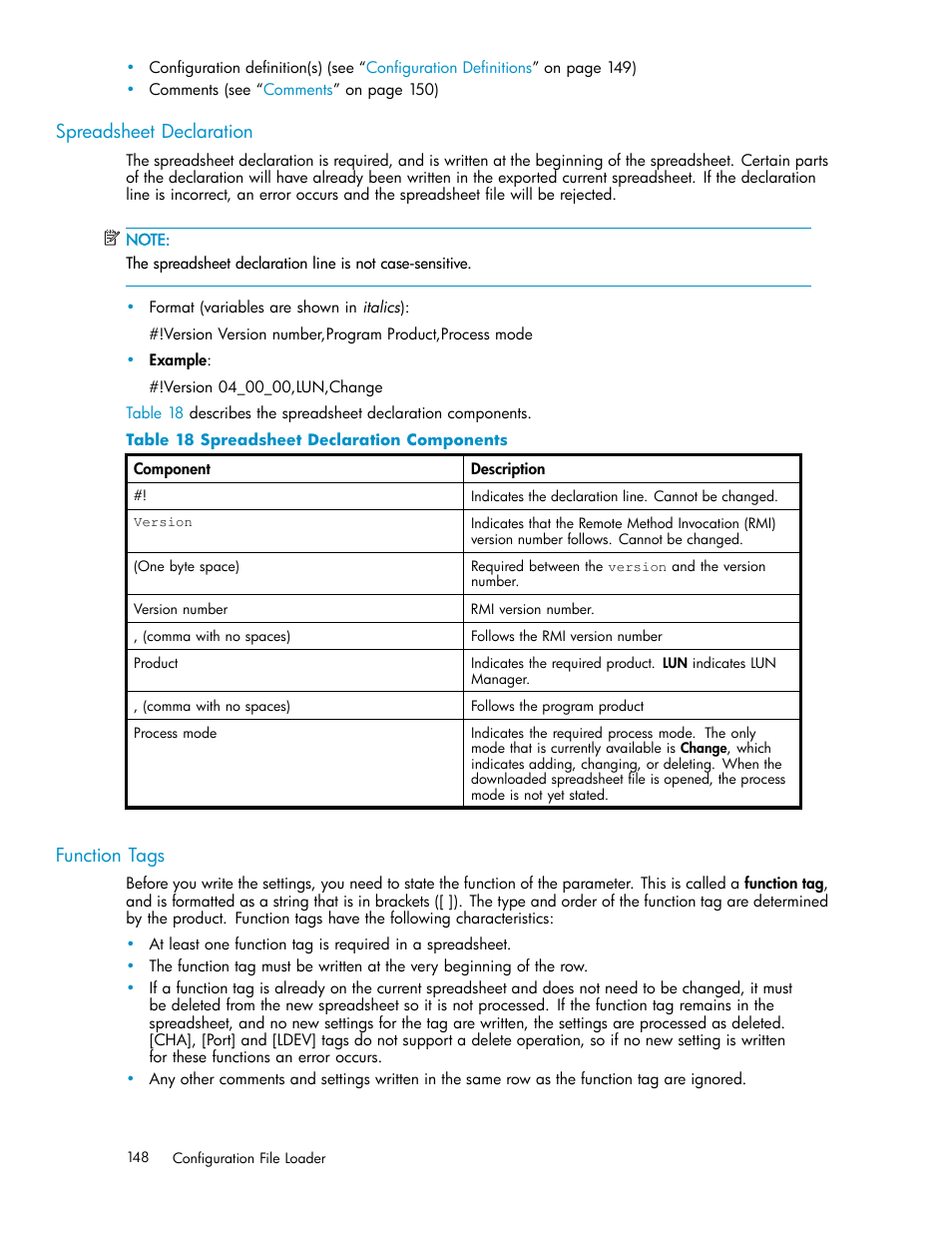 Spreadsheet declaration, Function tags, Spreadsheet declaration components | HP StorageWorks XP10000 Disk Array User Manual | Page 148 / 178