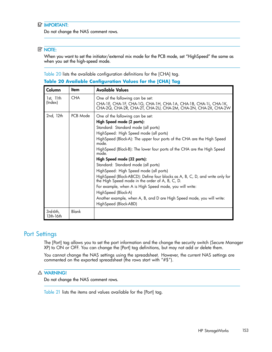 Port settings, Available conﬁguration values for the [cha] tag | HP StorageWorks XP10000 Disk Array User Manual | Page 153 / 178