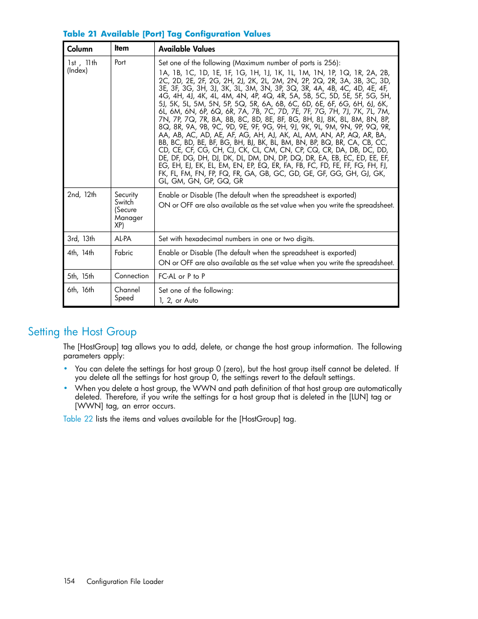 Setting the host group, Available [port] tag conﬁguration values | HP StorageWorks XP10000 Disk Array User Manual | Page 154 / 178