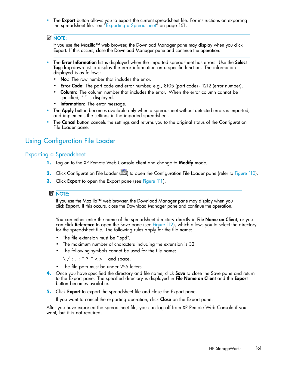 Using conﬁguration file loader, Exporting a spreadsheet | HP StorageWorks XP10000 Disk Array User Manual | Page 161 / 178