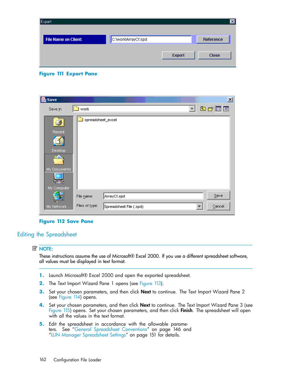 Editing the spreadsheet, 111 export pane, 112 save pane | Figure 111, Figure 112 | HP StorageWorks XP10000 Disk Array User Manual | Page 162 / 178