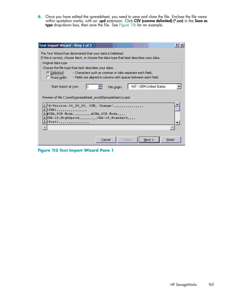 113 text import wizard pane 1, Figure 113 | HP StorageWorks XP10000 Disk Array User Manual | Page 163 / 178