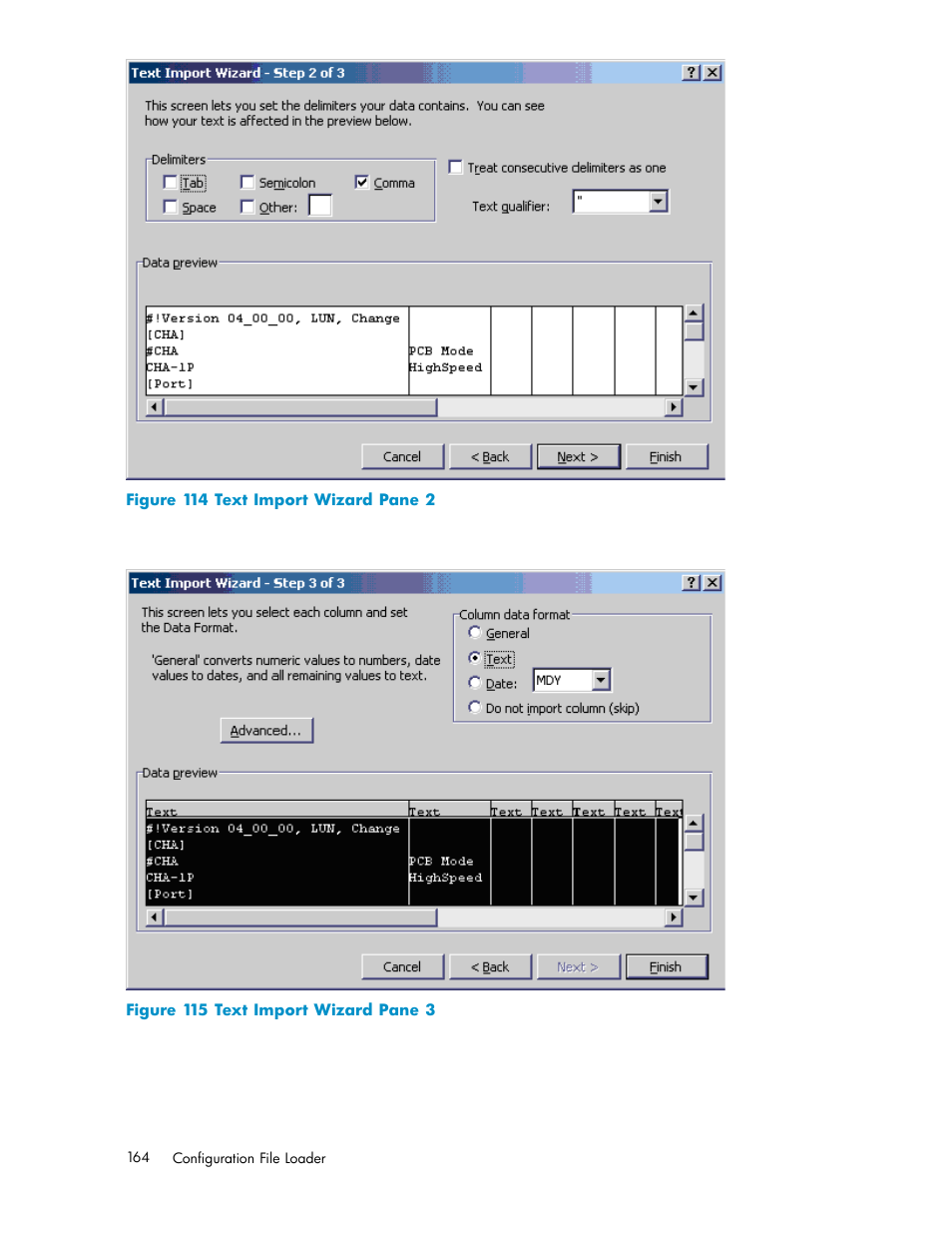 114 text import wizard pane 2, 115 text import wizard pane 3, Figure 114 | Figure 115 | HP StorageWorks XP10000 Disk Array User Manual | Page 164 / 178