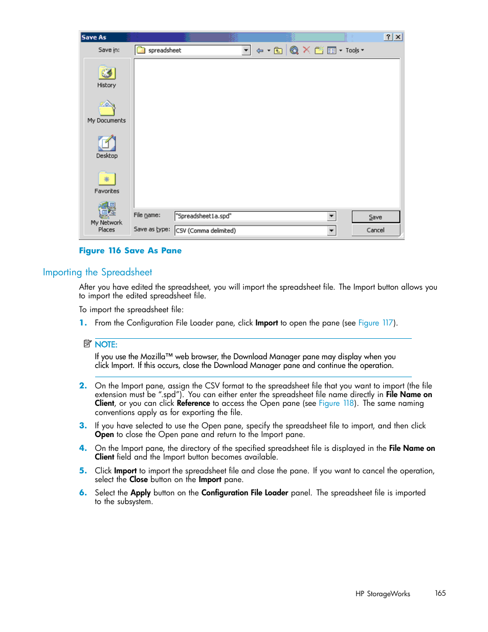 Importing the spreadsheet, 116 save as pane | HP StorageWorks XP10000 Disk Array User Manual | Page 165 / 178