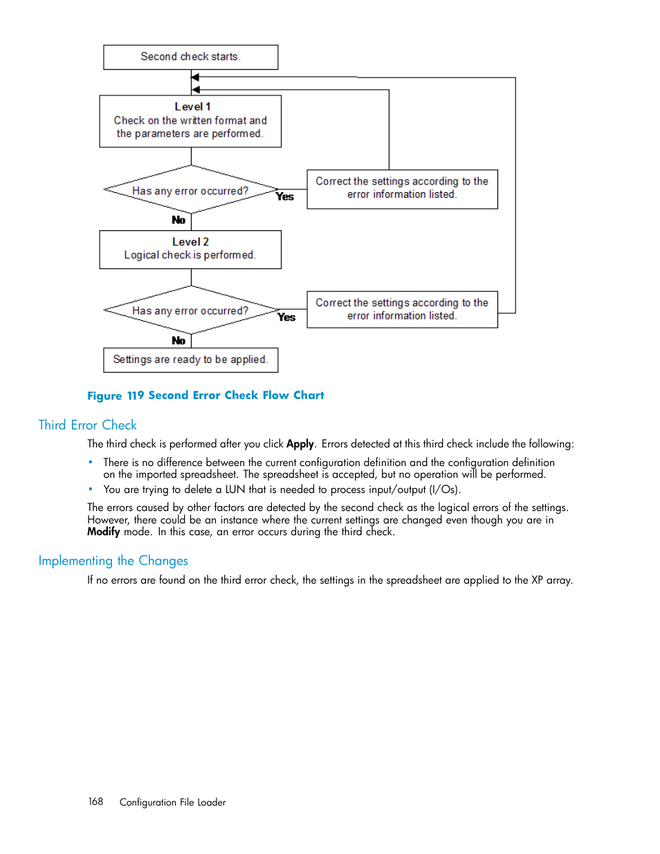 Third error check, Implementing the changes, 119 second error check flow chart | HP StorageWorks XP10000 Disk Array User Manual | Page 168 / 178