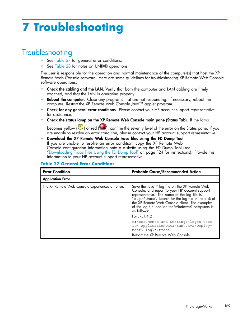 7 troubleshooting, Troubleshooting, General error conditions | HP StorageWorks XP10000 Disk Array User Manual | Page 169 / 178