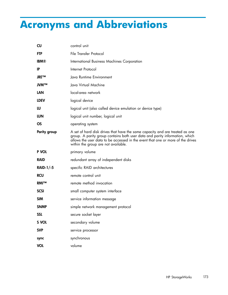 Acronyms and abbreviations | HP StorageWorks XP10000 Disk Array User Manual | Page 173 / 178